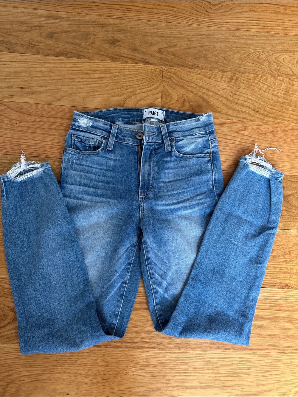PAIGE Medium Blue Distressed High-Rise Skinny Jeans, 24